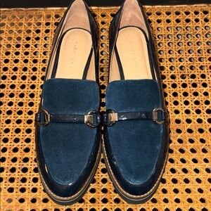 Alex Marie Navy Suede and Patent Loafers with Gold Bit